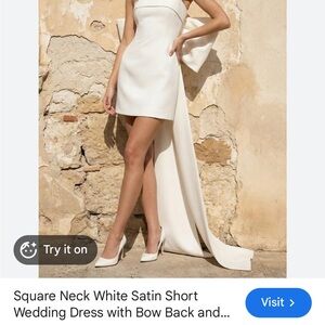 White Satin Square Neck Short Wedding Dress with Bow Back